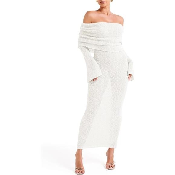 Womens Off Shoulder Maxi Dress White - Picture 1 of 5